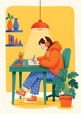 Girl Studying with Headphones Illustration