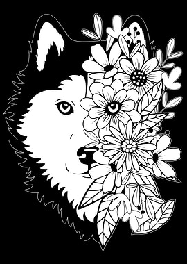 Wolf and Flowers Black and White