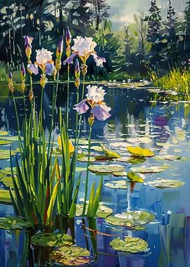 Iris Flowers in Pond Painting