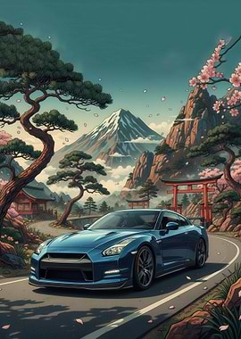 Blue Nissan GTR in Japanese Landscape