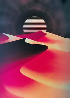 Synthwave Desert Landscape with Striped Sun