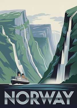 Norway Travel Poster with Fjord and Ship