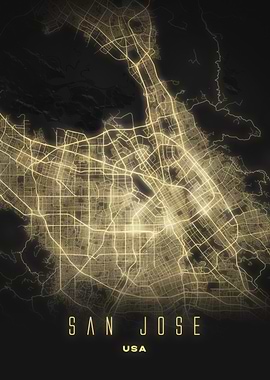 San Jose, California - Luminous Silicon Valley, City Streets Map Poster USA