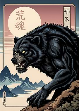 Angry Black Bear in Japanese Art Style