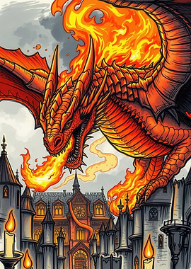 Fiery Dragon Overlooking Castle