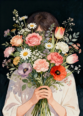 Woman Holding a Bouquet of Flowers