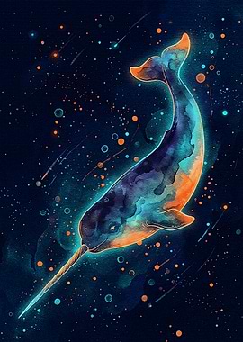 Watercolor Narwhal in Cosmic Space