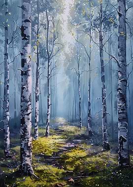 Birch Tree Forest Path Painting