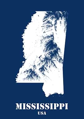 Mississippi USA State Minimalist White Topographic Contour Map featuring terrain on navy blue background