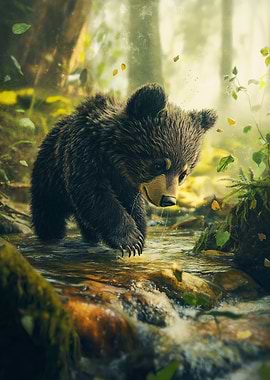 Bear cub in a forest stream