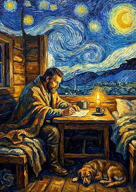 Man Writing at Desk with Dog