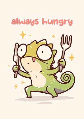 Hungry Cartoon Chameleon with Cutlery