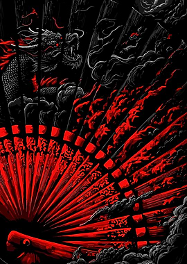 Dragon and Fan in Red and Black