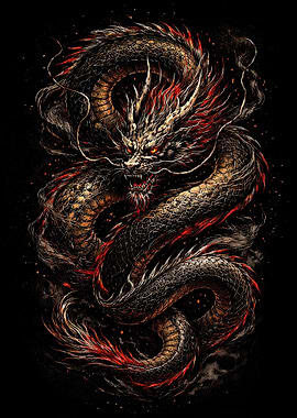 Detailed Dragon Illustration on Black Background