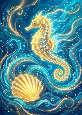 Golden Seahorse and Seashell in Blue Water