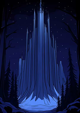 Blue Castle in Dark Forest Night
