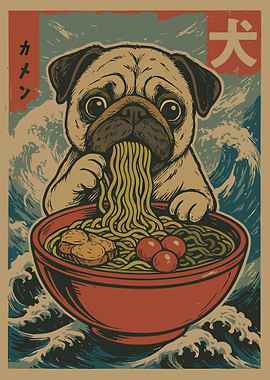Pug Eating Ramen Poster, Japanese Art Dog Print, Cute Kitchen Wall Decor Illustration