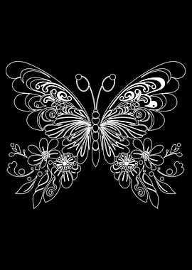 White Butterfly and Flowers on Black