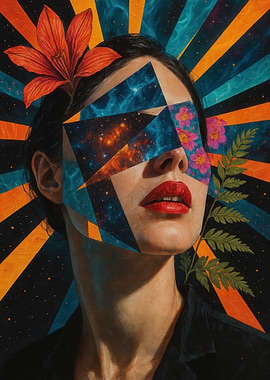Surreal Portrait with Geometric and Floral Elements