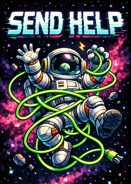 Astronaut tangled in cord, space background