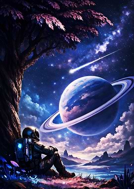 Astronaut Contemplating a Ringed Planet