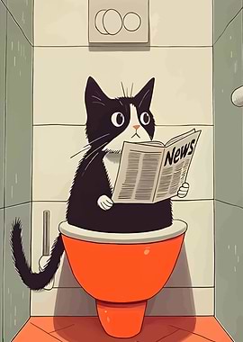 Cat Reading Newspaper on Toilet