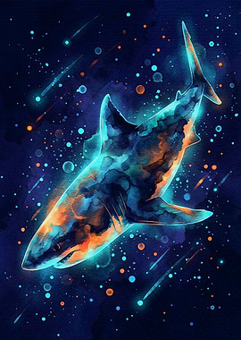 Cosmic Shark Watercolor Art