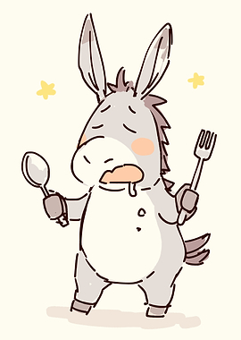 Cartoon Donkey with Spoon and Fork