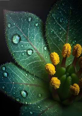Dew-Kissed Green Leaves and Yellow Stamens