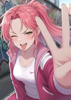 Anime Street Girl with Pink Hair and Victory Sign