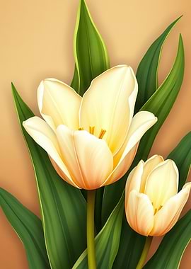 Elegant Cream Tulips with Green Leaves