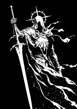 Monochrome Warrior with Sword and Halo