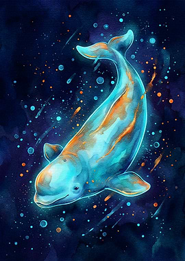 Watercolor Beluga Whale in Space