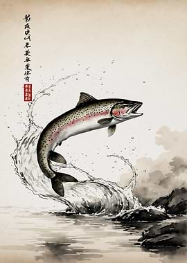 Fish Around and Find Trout - Traditional Japanese Sumi-e Art