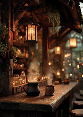 Cozy Tavern Scene with Steaming Drinks