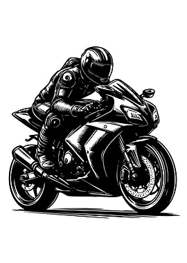 Motorcycle Rider Black and White Illustration