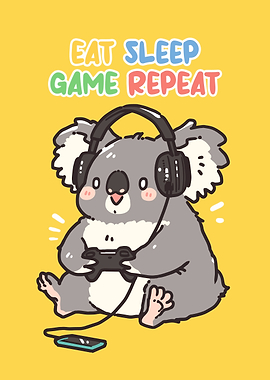 Cute Koala Gamer Cartoon Illustration