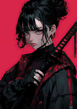 Anime Girl with Katana on Red
