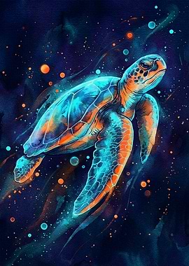 Neon Sea Turtle Watercolor Painting