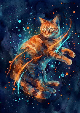 Watercolor Cat with Cosmic Background