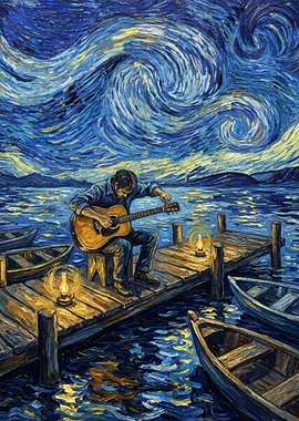 Guitarist on Dock, Starry Night Style