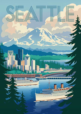 Seattle Travel Poster with Mountain View