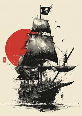 Pirate Ship Ink Drawing with Red Sun
