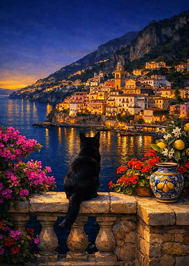 Black cat overlooking Amalfi coastal town