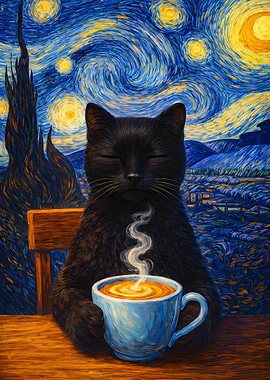 Black Cat with Coffee, Starry Night Style