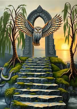 Owl Flying Through Stone Archway