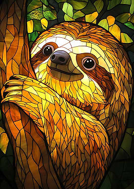 Stained Glass Funny Sloth in Tree