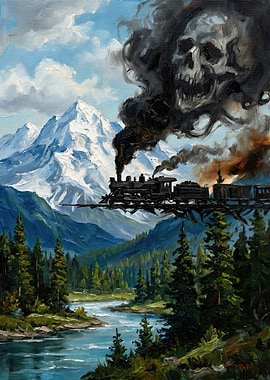 Mountain Train with Skull Smoke Painting