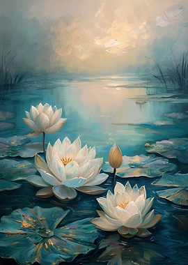 White Lotus Flowers in a Pond