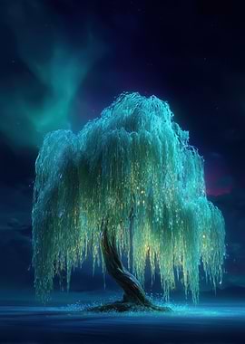 Glowing Willow Tree at Night